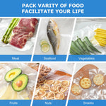Six-panel grid of vacuum-sealed foods including meat, fish, vegetables, avocado, dried fruit and crackers labeled by category