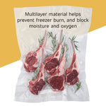 Vacuum-sealed rack of lamb chops inside a clear textured FoodSaver bag with overlay text about multilayer material