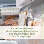 Vacuum-sealed packages stored upright in a freezer compartment with overlay text about extra freezer space and preventing freezer burn