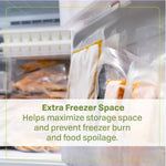Vacuum-sealed packages arranged in a freezer with overlay text about extra freezer space and preventing freezer burn