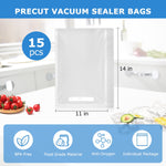 Infographic-style image showing a single clear textured vacuum bag with 11 x 14 inch dimensions and 15 pcs callout