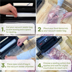 Four-panel instructional collage showing hands cutting, filling, placing and sealing a vacuum sealer bag with numbered steps