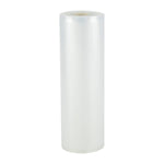 Plain translucent textured roll of vacuum sealer film standing upright on white background