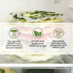 Close-up informational panel over stacked vacuum-sealed vegetables showing usage icons and benefits