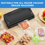 Vacuum sealer machine sealing a piece of salmon with multiple sealed food bags and a BPA free badge visible