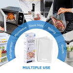 Composite lifestyle collage showing vacuum-sealed food uses like sous vide, microwave, refrigerator and boiling around box and clear bags