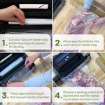 Four-step photo collage showing hands cutting vacuum roll, placing food into bag, inserting bag into sealer, and machine sealing