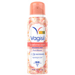 Front view of Vagisil Scentsitive Scents Peach Blossom freshening spray can with floral label and peach cap