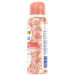 Angled side view of Vagisil Scentsitive Scents Peach Blossom dry wash spray can with visible ingredient panel and floral design