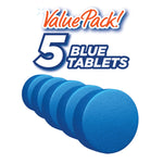 Promotional graphic showing ‘Value Pack! 5 Blue Tablets’ with a perspective view of five blue tablets