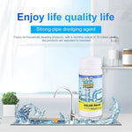 Bottle of sink and drain cleaner positioned on a kitchen counter with splash effects and a faucet in view.