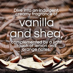 Close-up lifestyle graphic featuring vanilla beans, shea nuts and cream with text describing a creamy vanilla and shea fragrance.