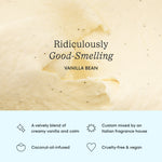 Close-up vanilla bean texture background with text reading 'Ridiculously Good-Smelling' and vanilla bean caption