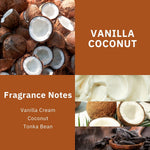 Four-block collage showing coconut halves, vanilla cream texture and tonka beans with text listing fragrance notes for Vanilla Coconut.