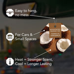 Informational graphic showing a hanging scented tag and callouts: easy to hang, for cars and small spaces, and heat affects scent strength.