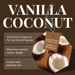 Promotional graphic reading “VANILLA COCONUT” with an image of a scented hanger label and callouts for continuous fragrance and mess-free design.