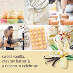 Collage of vanilla-themed images and cupcakes with text reading 'sweet vanilla, creamy butter & a reason to celebrate' and a vanilla flower.