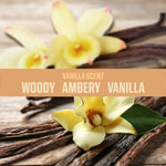Close-up vanilla flower and vanilla pods with a banner reading 'vanilla scent' and descriptive scent notes