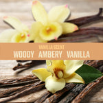 Close-up photo of vanilla flowers and vanilla beans with overlay text describing woody, ambery, vanilla scent.