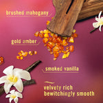 Styled ingredients graphic showing vanilla pods, white flowers, amber crystals and wood with descriptive scent notes on a burgundy background
