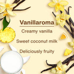 Graphic panel listing Vanillaroma scent notes with vanilla flowers, coconut milk and pineapple accents