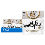 Display of Vanity Fair Entertain napkin packs with blue '8 Pack' banner and large front package art