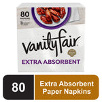 Packaged Vanity Fair Extra Absorbent white paper napkins with circular emboss pattern and 80 count callout