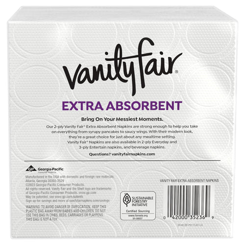 Back of Vanity Fair napkin package showing branding, product copy, barcode and sustainable sourcing icons