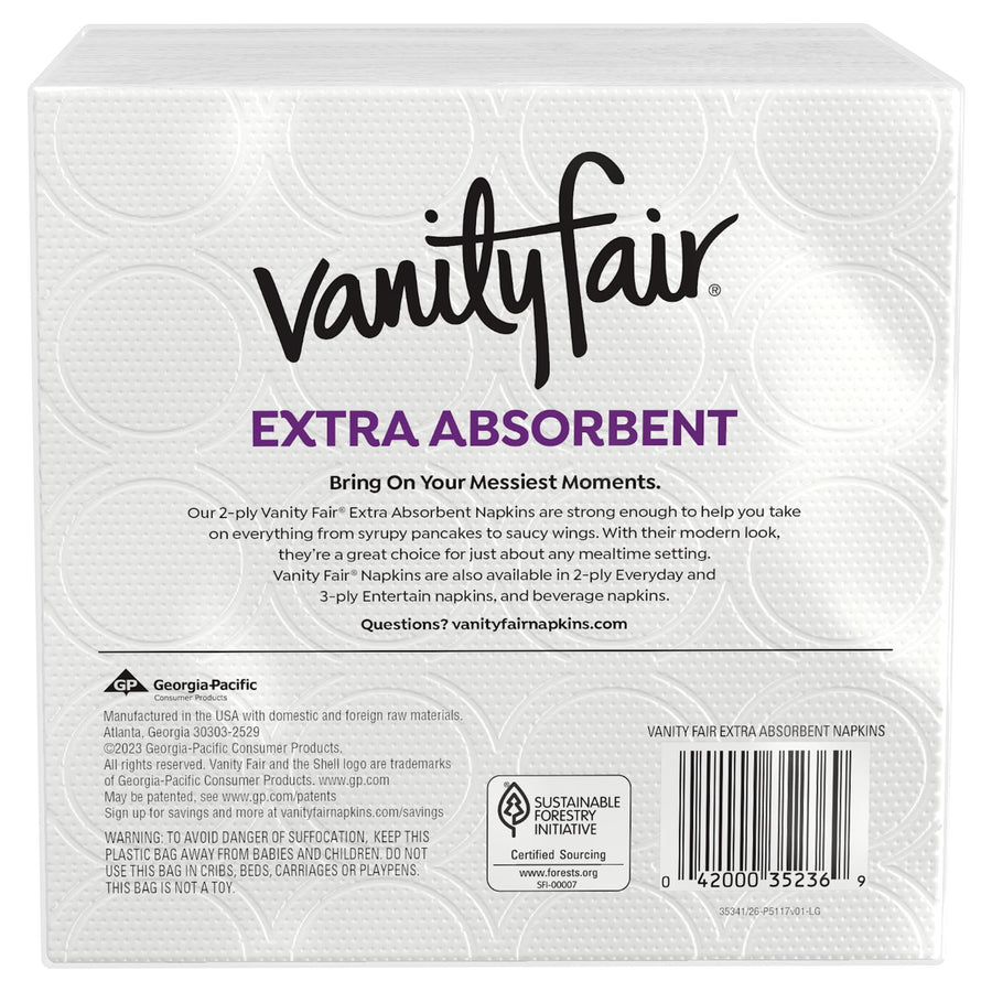 Back of Vanity Fair napkin package showing branding, product copy, barcode and sustainable sourcing icons