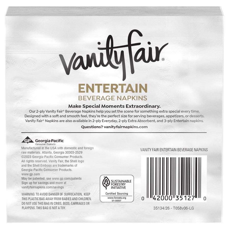 Back of Vanity Fair Entertain beverage napkins package with product text, barcode and Sustainable Forestry Initiative logo
