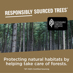 Graphic panel with forest photo and Sustainable Forestry Initiative logo stating 'Responsibly Sourced Trees' and supporting text