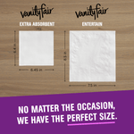 Graphic comparing two napkin sizes with measurements labeled for Vanity Fair Extra Absorbent and Entertain varieties