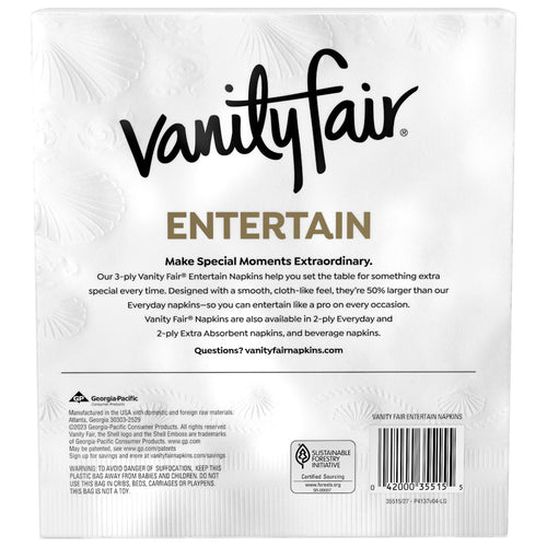 Back of Vanity Fair Entertain napkin package showing product copy, barcode, and sustainability icons