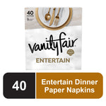 Front-facing pack of Vanity Fair Entertain white paper napkins showing brand name and gold-accented tableware graphic