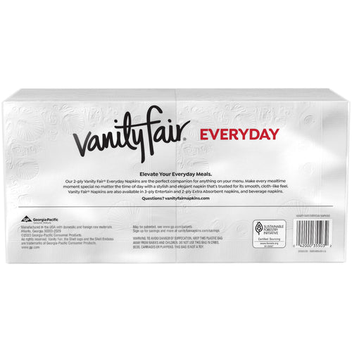 Back of a Vanity Fair Everyday napkin pack showing brand logo, product text and certification icons