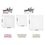 Size comparison graphic showing Vanity Fair napkin size categories with measurements for casual, beverage, and classic napkins