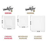 Size comparison graphic showing Everyday, Beverage and Classic Vanity Fair napkin dimensions with logos