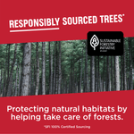 Sustainability graphic with forest photo and 'Responsibly Sourced Trees' heading plus certification badge