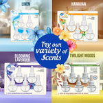 Grid of product pack images labeled different scents with central badge reading “Try our variety of Scents” and floral accents