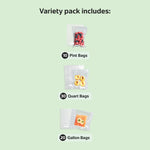 Graphic listing variety pack contents with small images of pint, quart, and gallon vacuum bags on a pale green background
