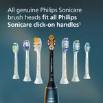 Row of various Philips Sonicare brush head models above a black Sonicare handle with text about fitting all click-on handles.