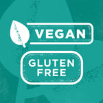 Teal graphic badge style image with white icons and text stating “VEGAN” and “GLUTEN FREE.”