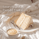 Plate with a slice of creamy vanilla cake, vanilla pods and a latte, styled with text 'Luxury Fragrance. Everyday Escape.'