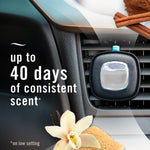 Vent-clip air freshener attached to car vent with text claiming up to 40 days of consistent scent