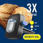 Product close-up showing vent-clip with intensity dial graphic and cookies in the background