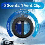 Close-up product graphic showing circular vent diffuser with blue dual cartridges and 3-scent dial infographic