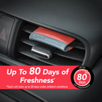 Red and gray contour vent stick clipped into a car air vent with promotional text about up to 80 days of freshness