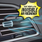 Illustrated infographic of a vent with a vent wrap installed and swirling blue air, labeled ‘Vent Wrap is the Invisible Air Freshener’