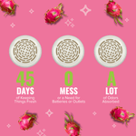 Three round vented air freshener housings above bold text highlighting 45 days and zero mess on pink background