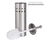 Vented stainless steel toilet brush holder with the brush removed and lying next to it showing white bristles and handle